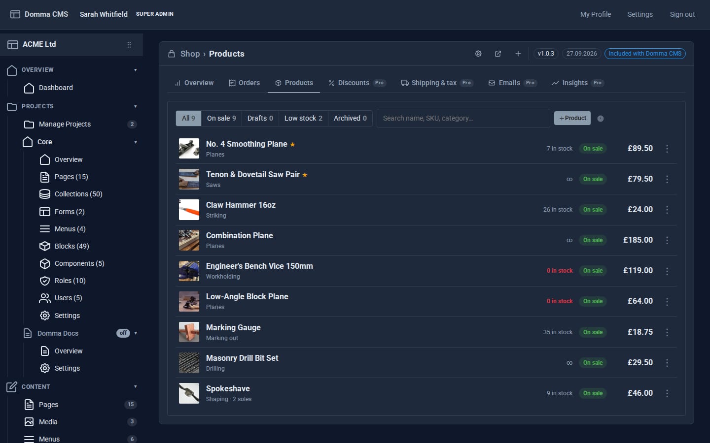 The Shop's Products tab listing ACME's tools with prices and stock
