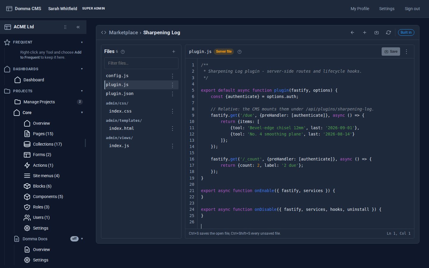 The built-in code editor: the Tool's six files on the left, plugin.js open with its Server file chip, showing the /due and /_count routes