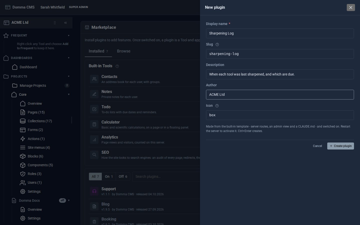 The New plugin panel over the Marketplace: display name Sharpening Log, slug sharpening-log, a description, author ACME Ltd and the box icon, with a Create plugin button