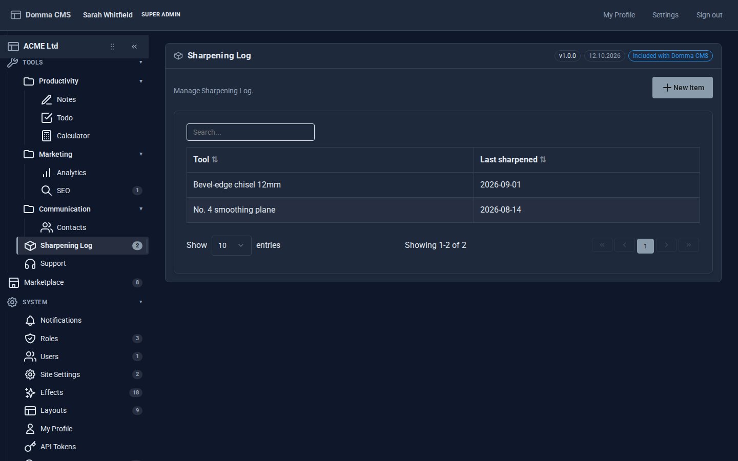 The finished Sharpening Log screen: a searchable table of the two tools due, and Sharpening Log in the sidebar under Tools with a badge of 2